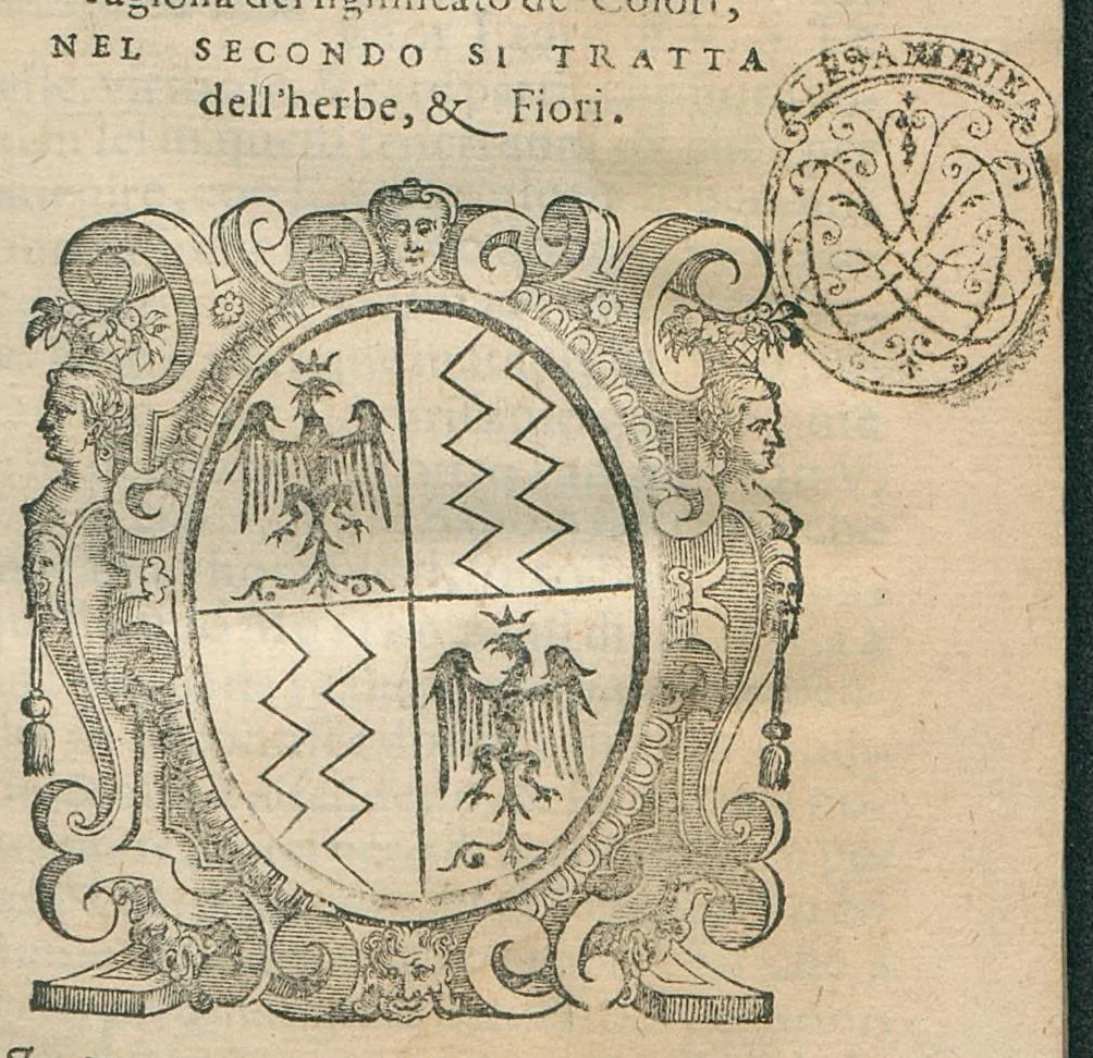 An illustration from Il mostruosissimo mostro. Di Giovanni de' Rinaldi, diviso in due Trattati, nel primo de' quali si ragiona del significato de' colori, nel secondo si tratta dell'herbe, et fiori, 1584, leaf 2
