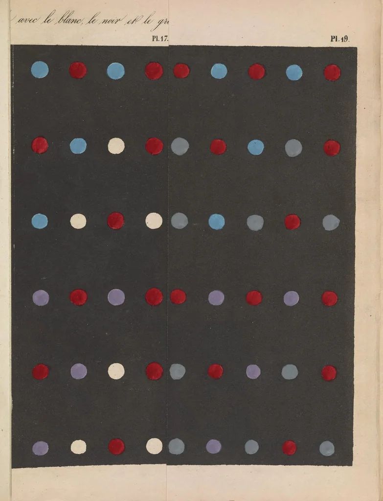 An illustration from De la loi du contraste simultané des couleurs : et de l'assortiment des objets colorés, considéré d'après cette loi dans ses rapports avec la peinture, les tapisseries des Gobelins, les tapisseries de Beauvais pour meubles, les tapis, la mosaïque, les vitraux colorés, l'impression des étoffes, l'imprimerie, l'enluminure, la décoration des édifices, l'habillement et l'horticulture, 1839, leaf 39