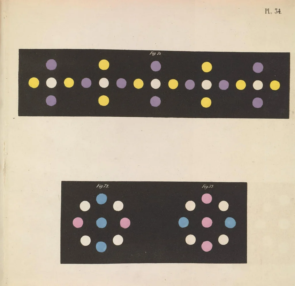 An illustration from De la loi du contraste simultané des couleurs : et de l'assortiment des objets colorés, considéré d'après cette loi dans ses rapports avec la peinture, les tapisseries des Gobelins, les tapisseries de Beauvais pour meubles, les tapis, la mosaïque, les vitraux colorés, l'impression des étoffes, l'imprimerie, l'enluminure, la décoration des édifices, l'habillement et l'horticulture, 1839, leaf 83