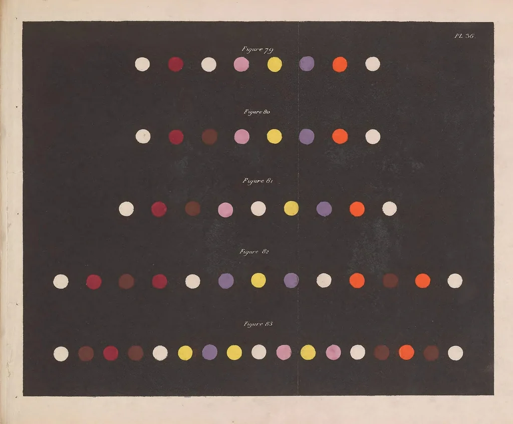 An illustration from De la loi du contraste simultané des couleurs : et de l'assortiment des objets colorés, considéré d'après cette loi dans ses rapports avec la peinture, les tapisseries des Gobelins, les tapisseries de Beauvais pour meubles, les tapis, la mosaïque, les vitraux colorés, l'impression des étoffes, l'imprimerie, l'enluminure, la décoration des édifices, l'habillement et l'horticulture, 1839, leaf 89