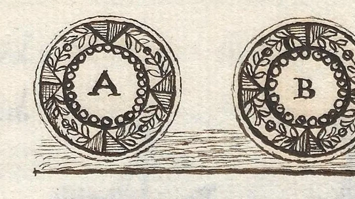An illustration from De percussione et legibus motus corporum percussorum libellus [manuscript], 1680, leaf 20