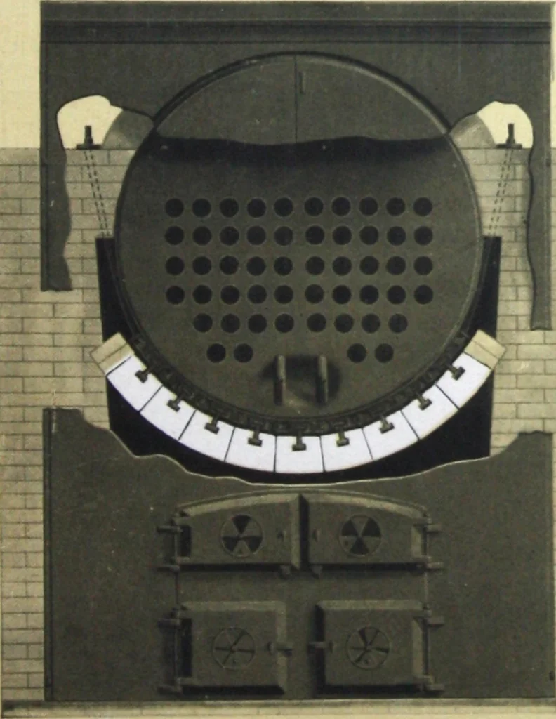 An illustration from Detrick arches showing their adaptability to all types of boilers and stokers, special furnaces and oil stills, 1921, leaf 44
