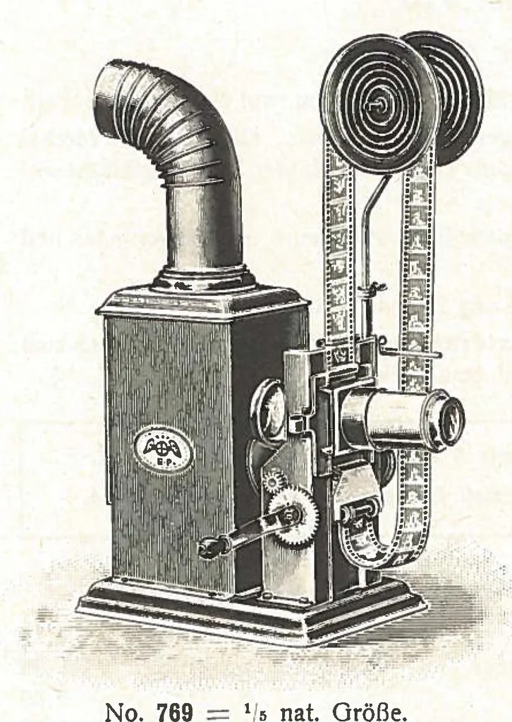 An illustration from Preisliste über optische, mechanische und elektrische Waren, Physikalische Spiele und Lehrmittel: Abteilung I. Laterna Magica, Projektions-Apparate, Postkarten-Cameras, Kinematographen, Lupen und Lesegläser, Extra-Laterna Magica-Bilder und bewegliche Verwandlungsbilder, Films, 1914, leaf 14