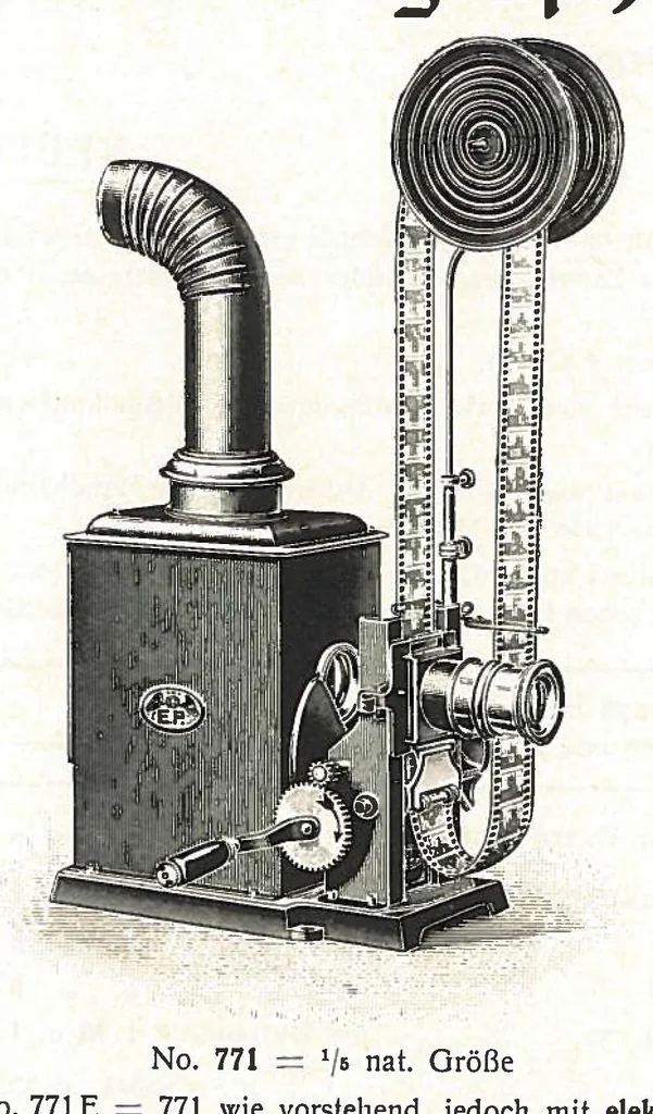 An illustration from Preisliste über optische, mechanische und elektrische Waren, Physikalische Spiele und Lehrmittel: Abteilung I. Laterna Magica, Projektions-Apparate, Postkarten-Cameras, Kinematographen, Lupen und Lesegläser, Extra-Laterna Magica-Bilder und bewegliche Verwandlungsbilder, Films, 1914, leaf 16