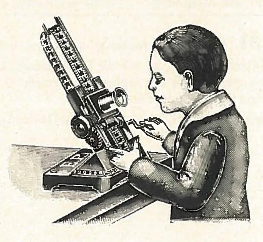 An illustration from Preisliste über optische, mechanische und elektrische Waren, Physikalische Spiele und Lehrmittel: Abteilung I. Laterna Magica, Projektions-Apparate, Postkarten-Cameras, Kinematographen, Lupen und Lesegläser, Extra-Laterna Magica-Bilder und bewegliche Verwandlungsbilder, Films, 1914, leaf 31