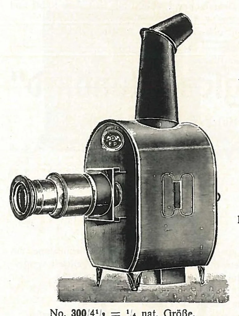 An illustration from Preisliste über optische, mechanische und elektrische Waren, Physikalische Spiele und Lehrmittel: Abteilung I. Laterna Magica, Projektions-Apparate, Postkarten-Cameras, Kinematographen, Lupen und Lesegläser, Extra-Laterna Magica-Bilder und bewegliche Verwandlungsbilder, Films, 1914, leaf 4