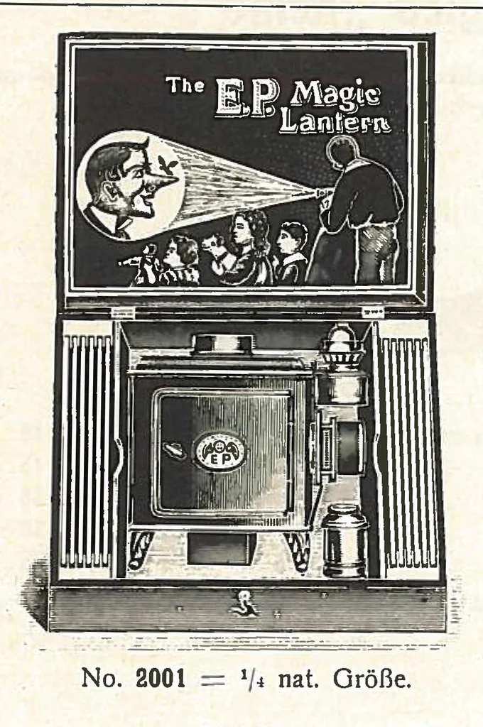 An illustration from Preisliste über optische, mechanische und elektrische Waren, Physikalische Spiele und Lehrmittel: Abteilung I. Laterna Magica, Projektions-Apparate, Postkarten-Cameras, Kinematographen, Lupen und Lesegläser, Extra-Laterna Magica-Bilder und bewegliche Verwandlungsbilder, Films, 1914, leaf 5
