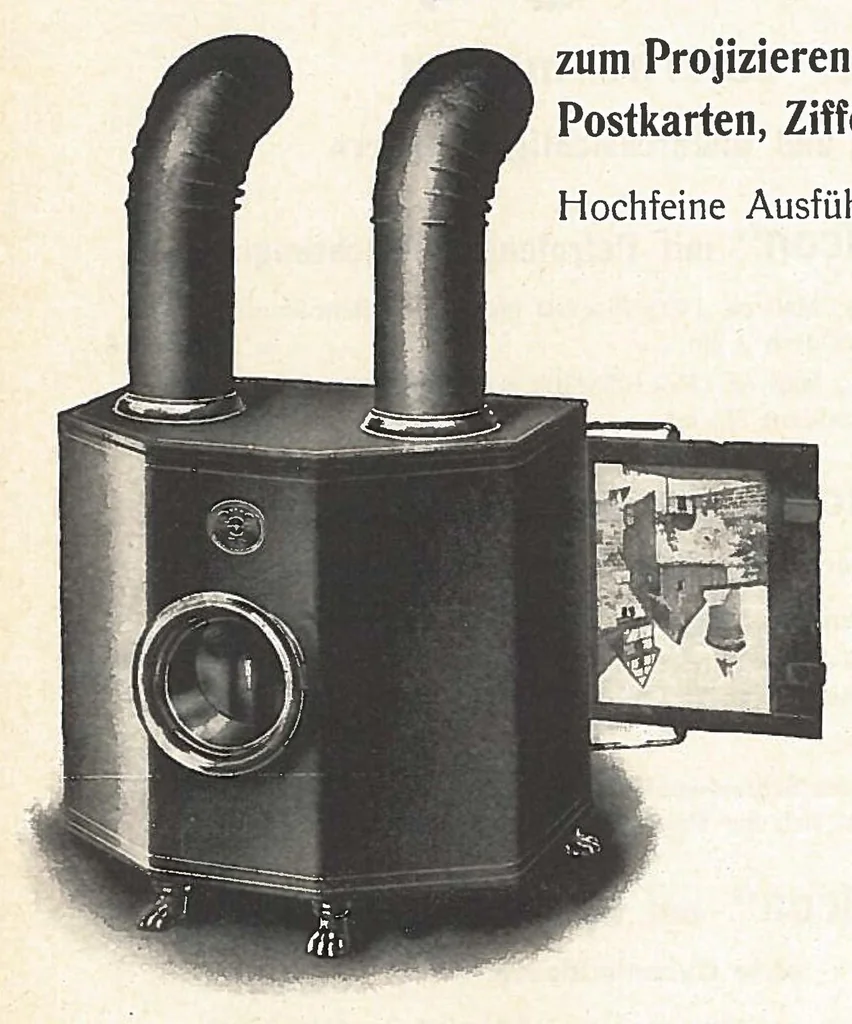 An illustration from Preisliste über optische, mechanische und elektrische Waren, Physikalische Spiele und Lehrmittel: Abteilung I. Laterna Magica, Projektions-Apparate, Postkarten-Cameras, Kinematographen, Lupen und Lesegläser, Extra-Laterna Magica-Bilder und bewegliche Verwandlungsbilder, Films, 1914, leaf 9