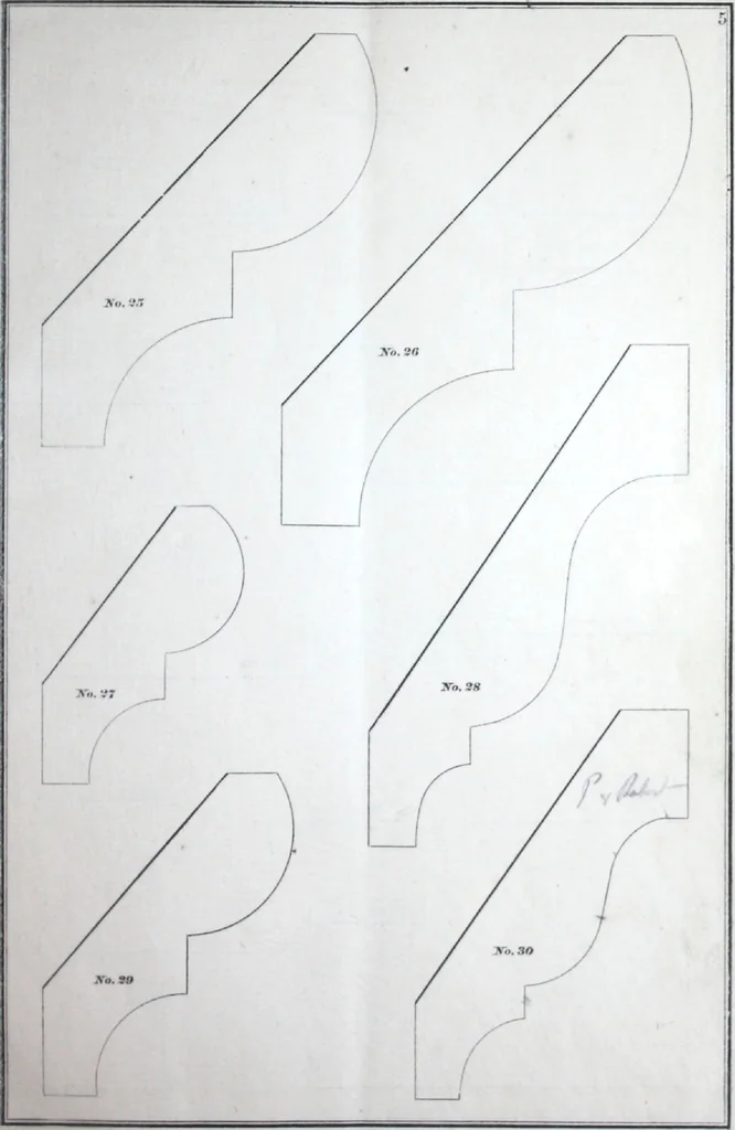 An illustration from Dominion moulding book ... containing sections (full size) of moldings, architraves, pew and stair railings, brackets, pickets, lattice ..., 1874, leaf 10