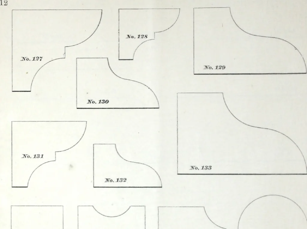 An illustration from Dominion moulding book ... containing sections (full size) of moldings, architraves, pew and stair railings, brackets, pickets, lattice ..., 1874, leaf 17