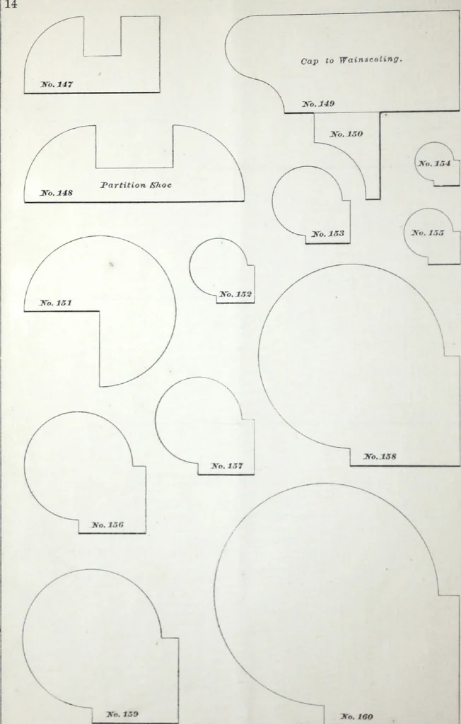 An illustration from Dominion moulding book ... containing sections (full size) of moldings, architraves, pew and stair railings, brackets, pickets, lattice ..., 1874, leaf 19