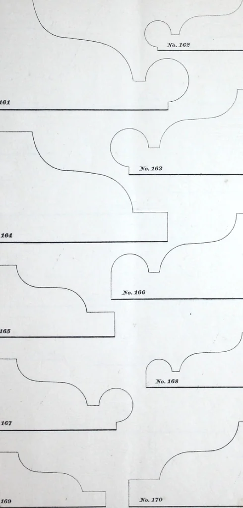 An illustration from Dominion moulding book ... containing sections (full size) of moldings, architraves, pew and stair railings, brackets, pickets, lattice ..., 1874, leaf 20
