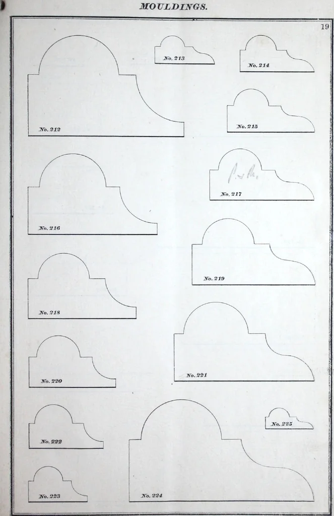 An illustration from Dominion moulding book ... containing sections (full size) of moldings, architraves, pew and stair railings, brackets, pickets, lattice ..., 1874, leaf 24