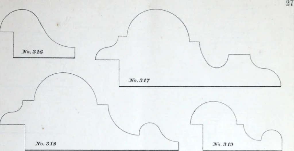 An illustration from Dominion moulding book ... containing sections (full size) of moldings, architraves, pew and stair railings, brackets, pickets, lattice ..., 1874, leaf 32