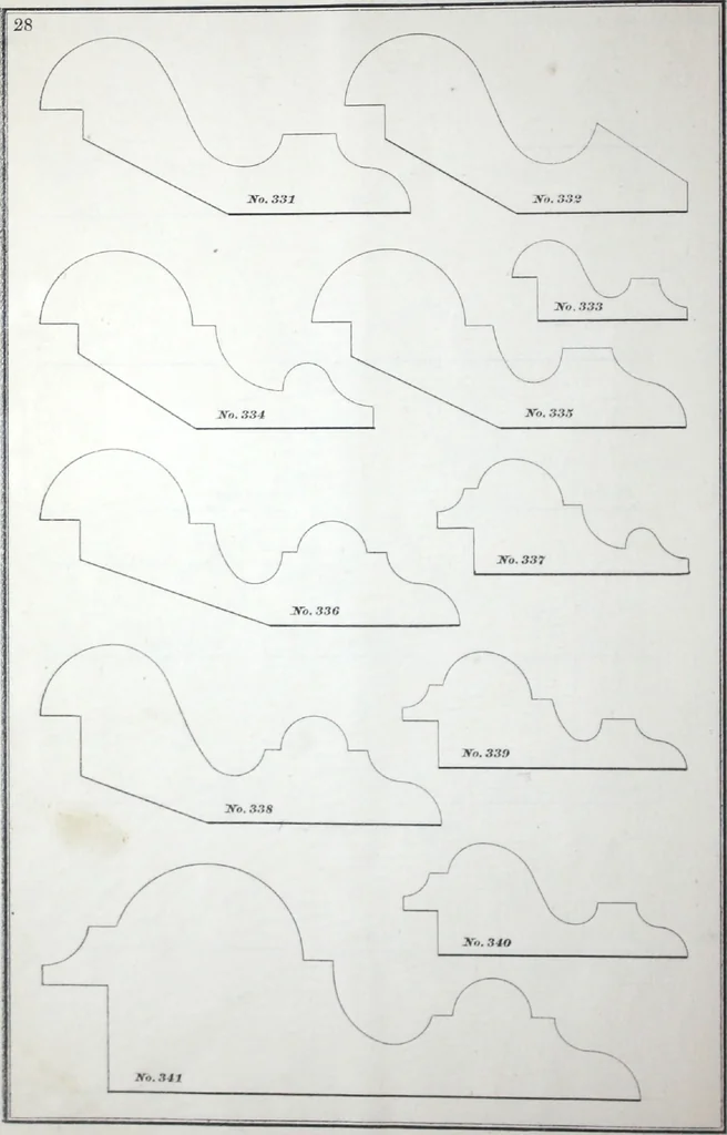 An illustration from Dominion moulding book ... containing sections (full size) of moldings, architraves, pew and stair railings, brackets, pickets, lattice ..., 1874, leaf 33