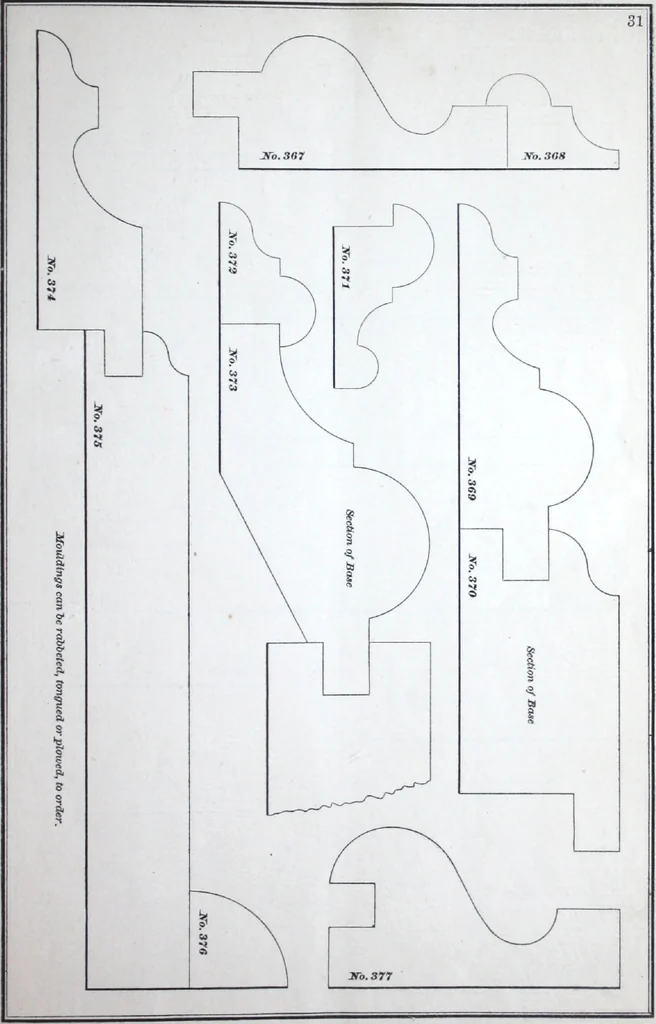 An illustration from Dominion moulding book ... containing sections (full size) of moldings, architraves, pew and stair railings, brackets, pickets, lattice ..., 1874, leaf 36