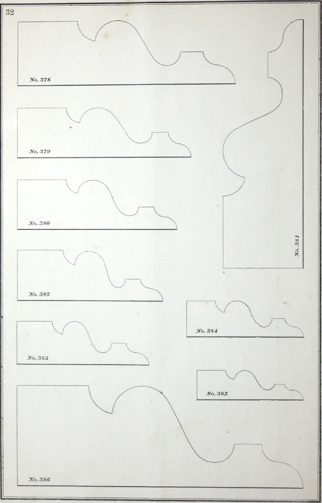 An illustration from Dominion moulding book ... containing sections (full size) of moldings, architraves, pew and stair railings, brackets, pickets, lattice ..., 1874, leaf 37