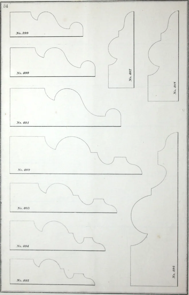 An illustration from Dominion moulding book ... containing sections (full size) of moldings, architraves, pew and stair railings, brackets, pickets, lattice ..., 1874, leaf 39
