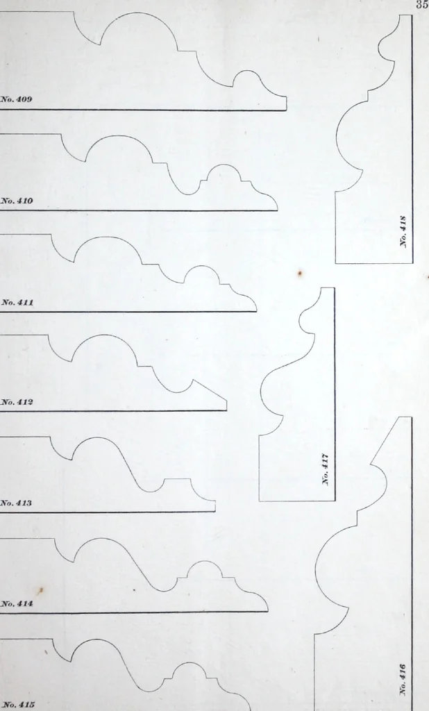 An illustration from Dominion moulding book ... containing sections (full size) of moldings, architraves, pew and stair railings, brackets, pickets, lattice ..., 1874, leaf 40