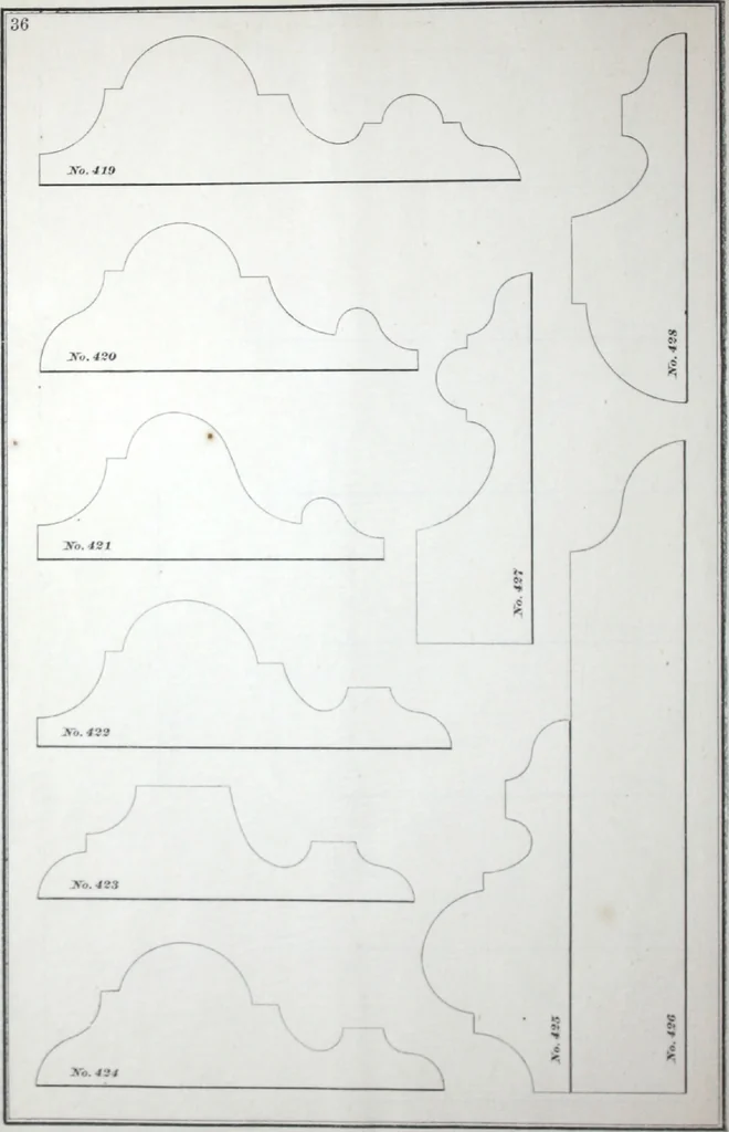 An illustration from Dominion moulding book ... containing sections (full size) of moldings, architraves, pew and stair railings, brackets, pickets, lattice ..., 1874, leaf 41