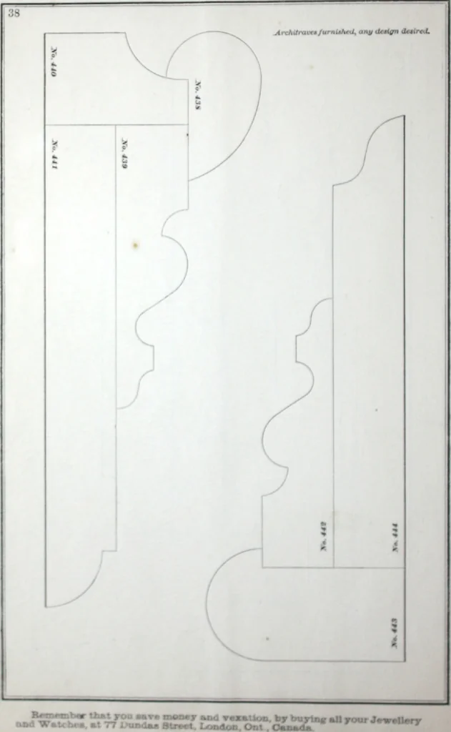 An illustration from Dominion moulding book ... containing sections (full size) of moldings, architraves, pew and stair railings, brackets, pickets, lattice ..., 1874, leaf 43