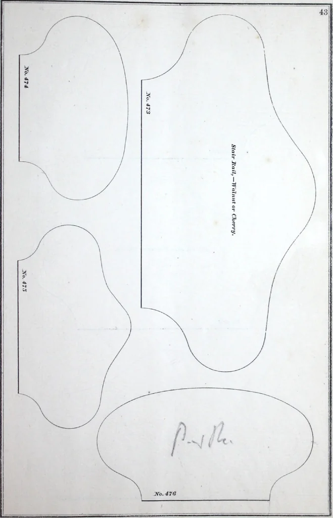 An illustration from Dominion moulding book ... containing sections (full size) of moldings, architraves, pew and stair railings, brackets, pickets, lattice ..., 1874, leaf 48