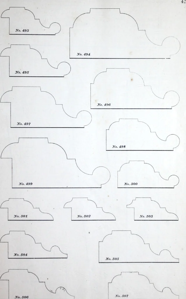 An illustration from Dominion moulding book ... containing sections (full size) of moldings, architraves, pew and stair railings, brackets, pickets, lattice ..., 1874, leaf 52