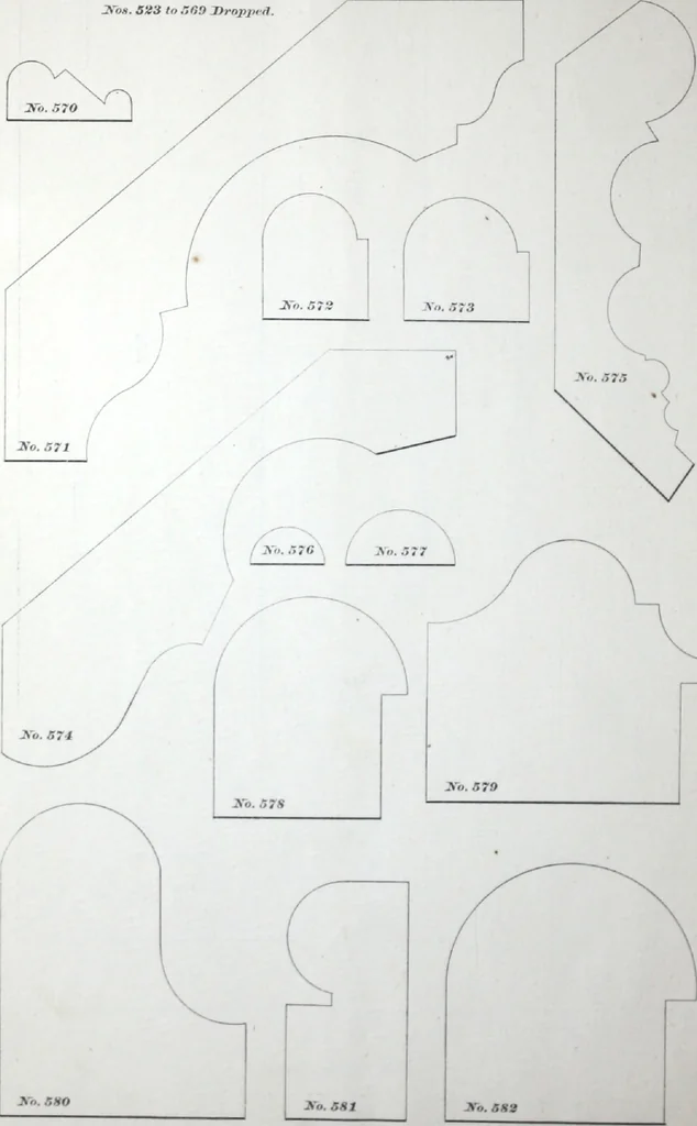 An illustration from Dominion moulding book ... containing sections (full size) of moldings, architraves, pew and stair railings, brackets, pickets, lattice ..., 1874, leaf 55