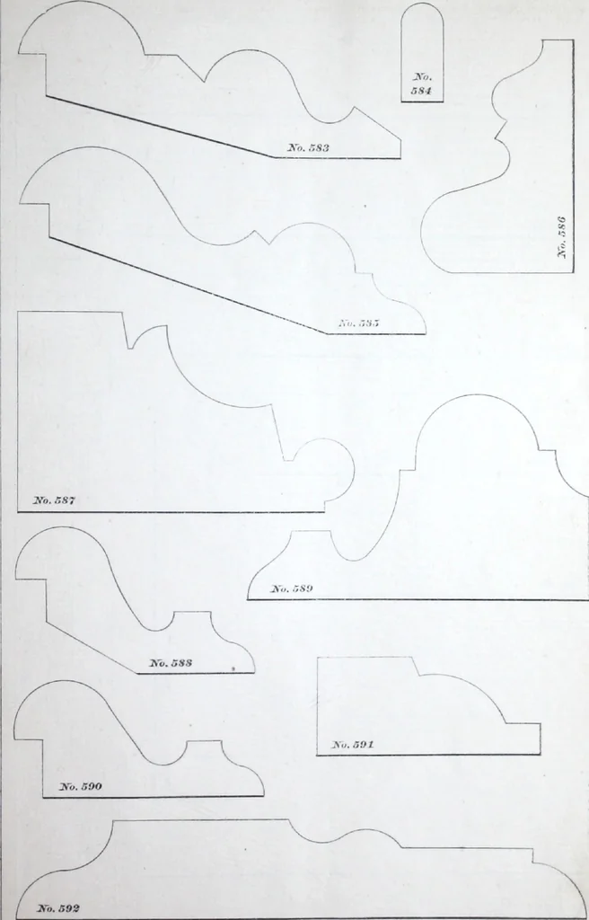 An illustration from Dominion moulding book ... containing sections (full size) of moldings, architraves, pew and stair railings, brackets, pickets, lattice ..., 1874, leaf 56