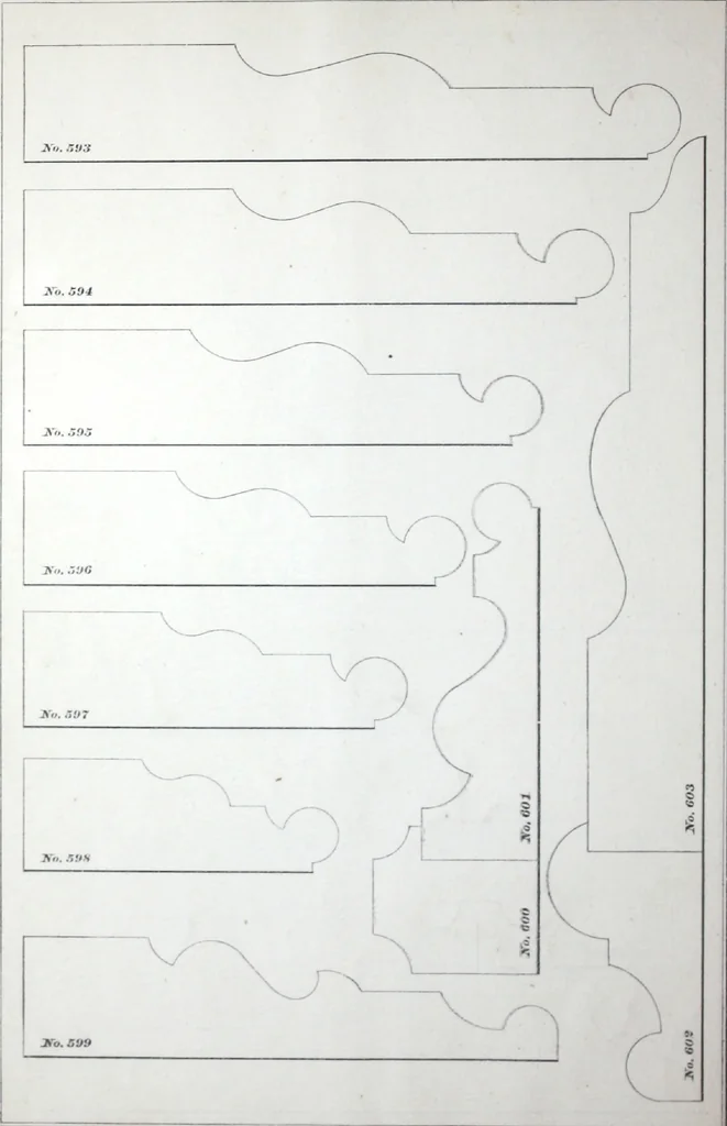 An illustration from Dominion moulding book ... containing sections (full size) of moldings, architraves, pew and stair railings, brackets, pickets, lattice ..., 1874, leaf 57