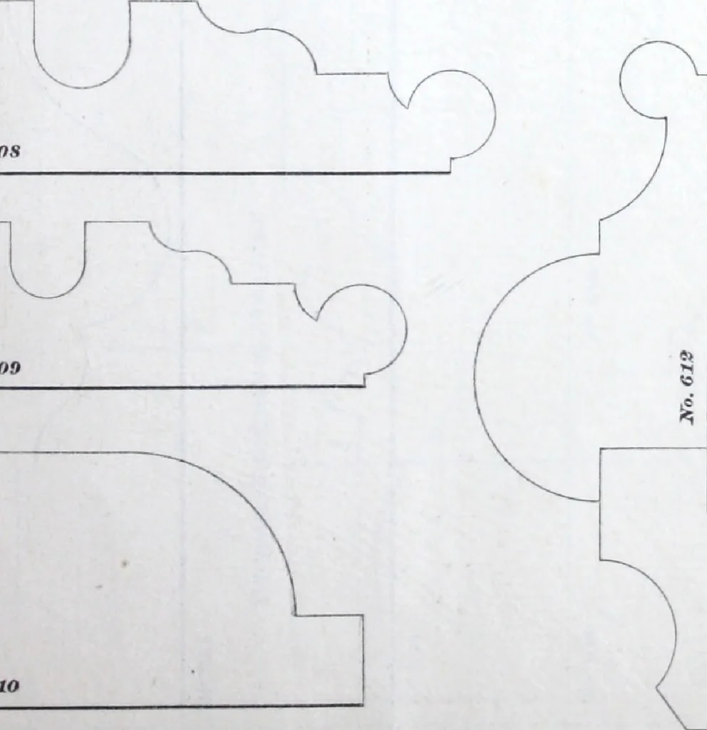 An illustration from Dominion moulding book ... containing sections (full size) of moldings, architraves, pew and stair railings, brackets, pickets, lattice ..., 1874, leaf 58