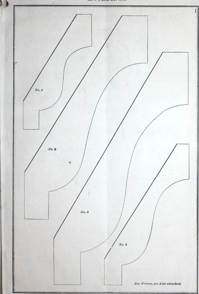 An illustration from Dominion moulding book ... containing sections (full size) of moldings, architraves, pew and stair railings, brackets, pickets, lattice ..., 1874, leaf 6