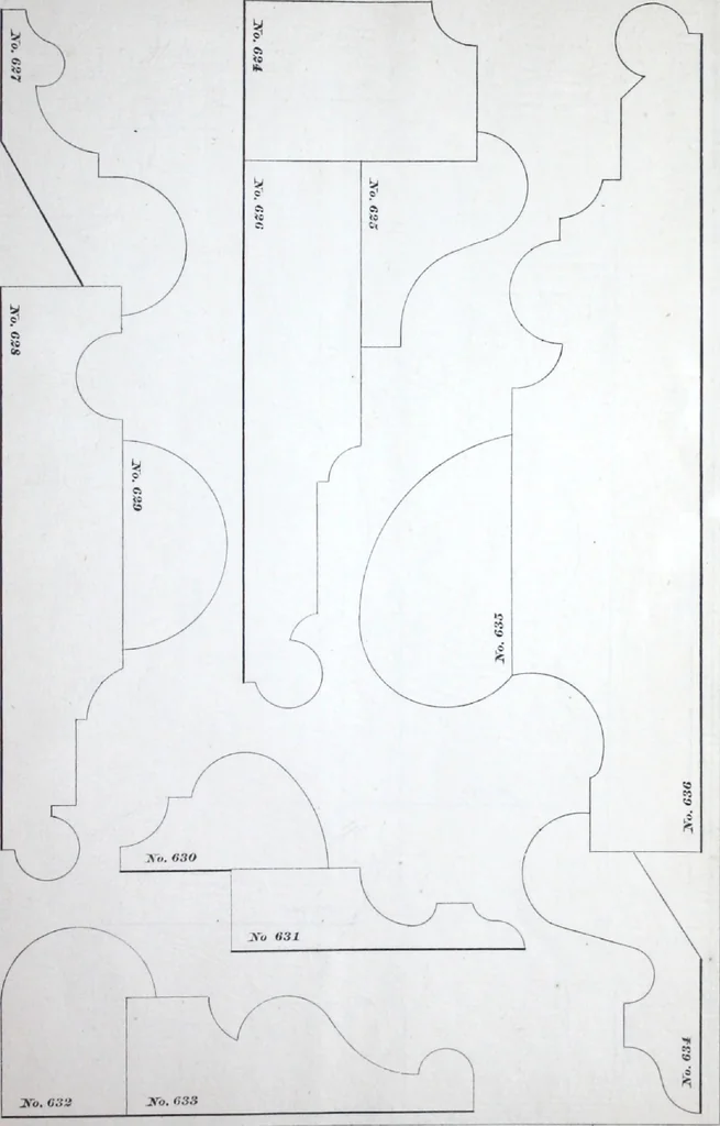An illustration from Dominion moulding book ... containing sections (full size) of moldings, architraves, pew and stair railings, brackets, pickets, lattice ..., 1874, leaf 60