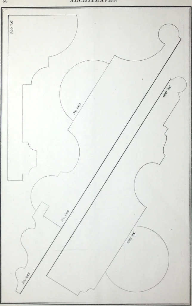 An illustration from Dominion moulding book ... containing sections (full size) of moldings, architraves, pew and stair railings, brackets, pickets, lattice ..., 1874, leaf 61