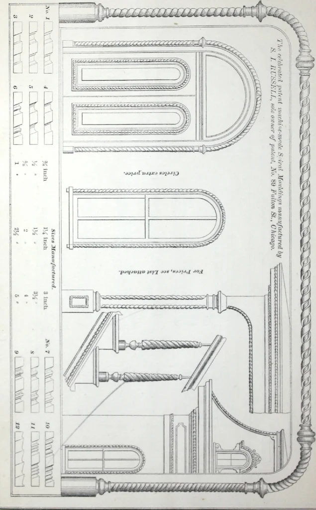 An illustration from Dominion moulding book ... containing sections (full size) of moldings, architraves, pew and stair railings, brackets, pickets, lattice ..., 1874, leaf 63