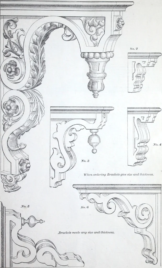 An illustration from Dominion moulding book ... containing sections (full size) of moldings, architraves, pew and stair railings, brackets, pickets, lattice ..., 1874, leaf 64
