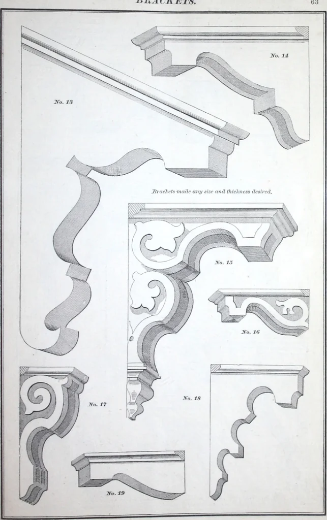 An illustration from Dominion moulding book ... containing sections (full size) of moldings, architraves, pew and stair railings, brackets, pickets, lattice ..., 1874, leaf 66