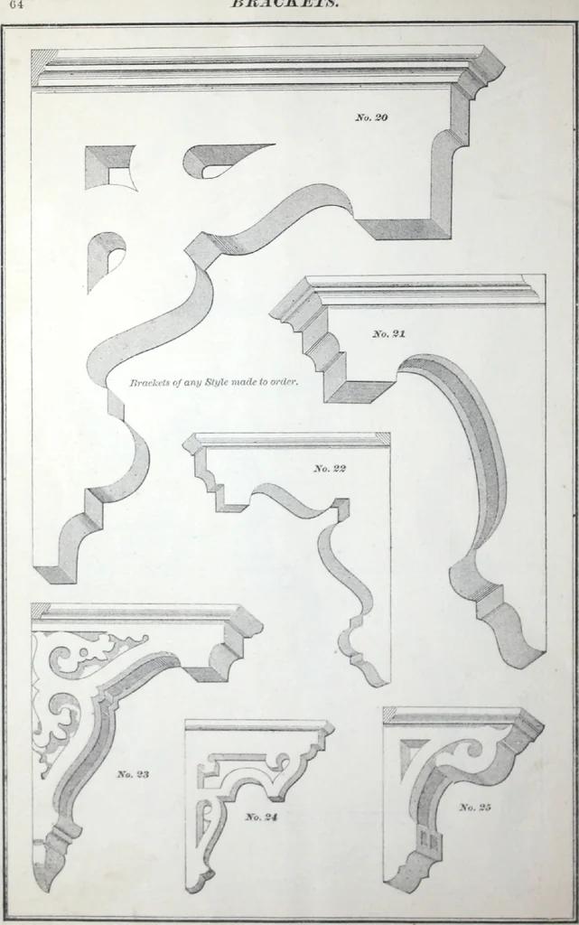 An illustration from Dominion moulding book ... containing sections (full size) of moldings, architraves, pew and stair railings, brackets, pickets, lattice ..., 1874, leaf 67