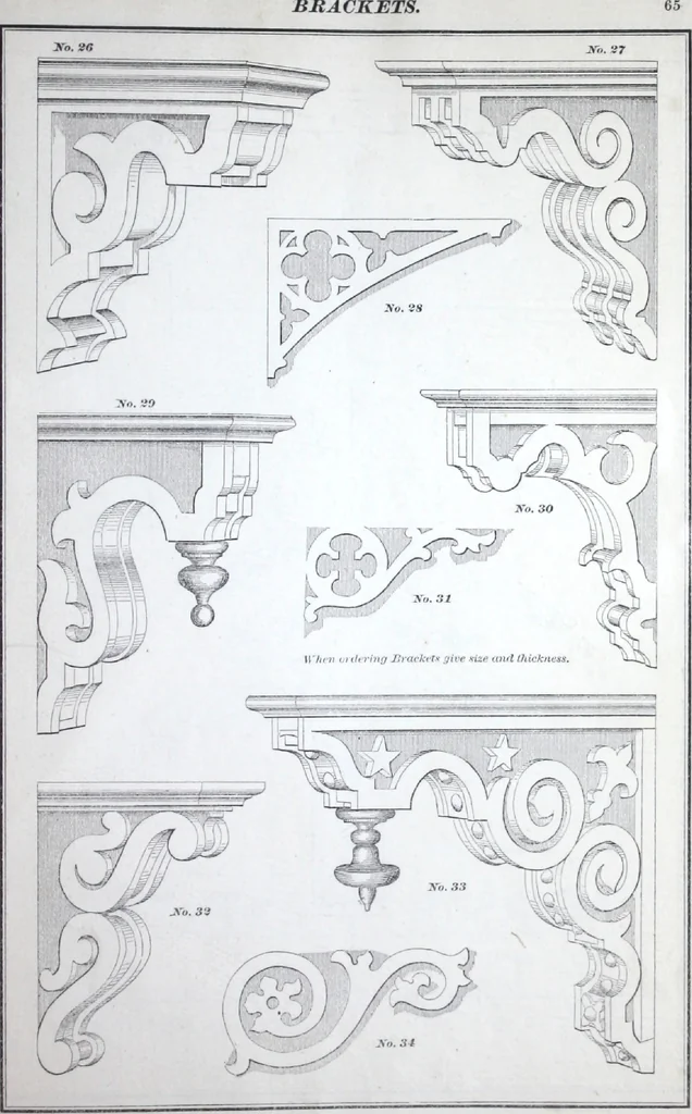 An illustration from Dominion moulding book ... containing sections (full size) of moldings, architraves, pew and stair railings, brackets, pickets, lattice ..., 1874, leaf 68