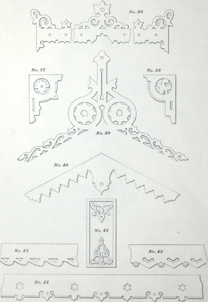 An illustration from Dominion moulding book ... containing sections (full size) of moldings, architraves, pew and stair railings, brackets, pickets, lattice ..., 1874, leaf 69