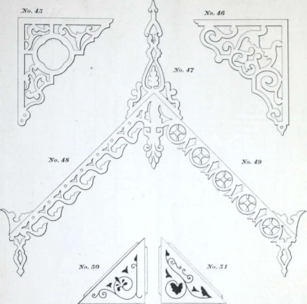 An illustration from Dominion moulding book ... containing sections (full size) of moldings, architraves, pew and stair railings, brackets, pickets, lattice ..., 1874, leaf 70