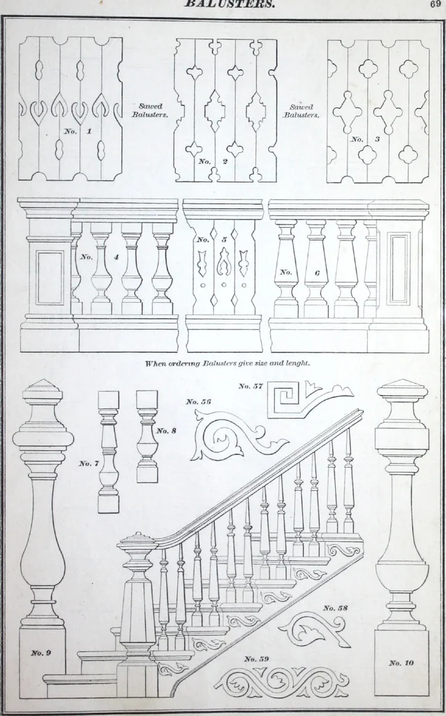 An illustration from Dominion moulding book ... containing sections (full size) of moldings, architraves, pew and stair railings, brackets, pickets, lattice ..., 1874, leaf 72