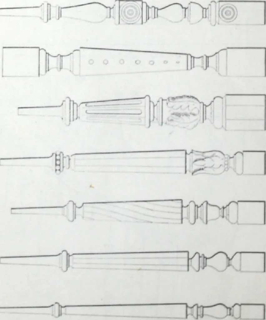 An illustration from Dominion moulding book ... containing sections (full size) of moldings, architraves, pew and stair railings, brackets, pickets, lattice ..., 1874, leaf 73
