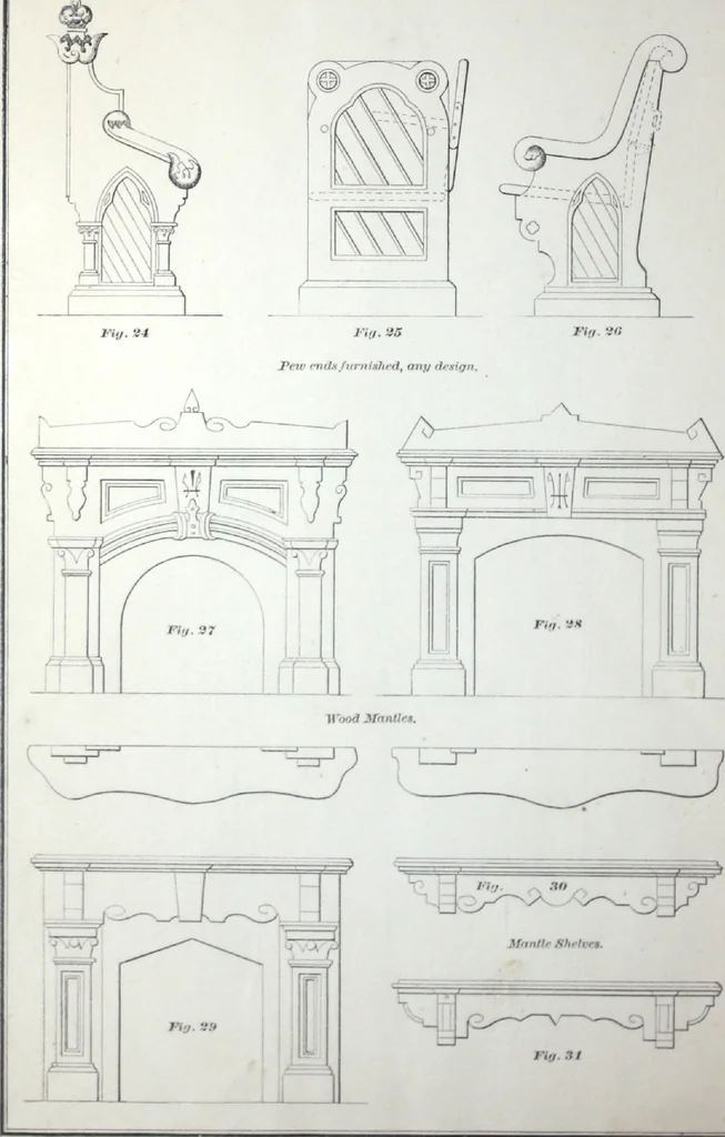 An illustration from Dominion moulding book ... containing sections (full size) of moldings, architraves, pew and stair railings, brackets, pickets, lattice ..., 1874, leaf 85