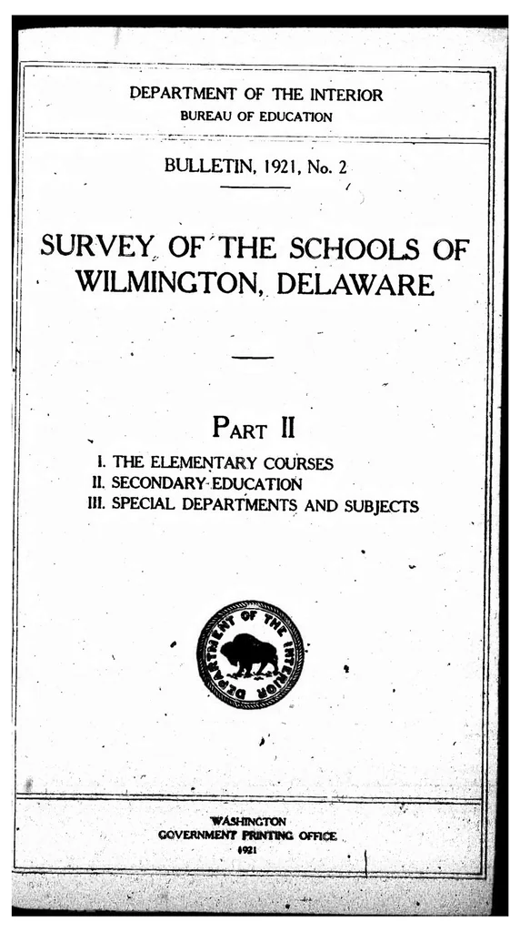 An illustration from ERIC ED541465: Survey of the Schools of Wilmington, Delaware. Part 2: I. The Elementary Courses; II. Secondary Education; III. Special Departments and Subjects. Bulletin, 1921, No. 2, 1921, leaf 0