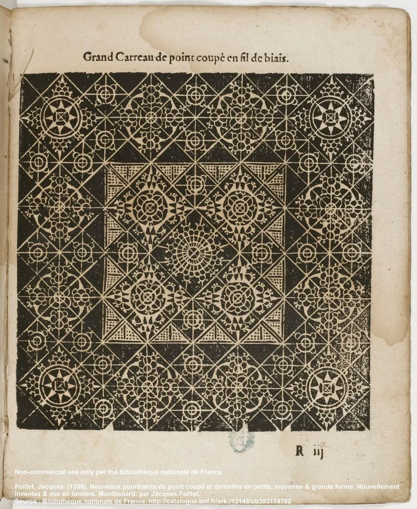 An illustration from Nouveaux pourtraicts de point coupé et dantelles en petite, moyenne & grande forme . Nouvellement inventez & mis en lumière., 1598, leaf 63