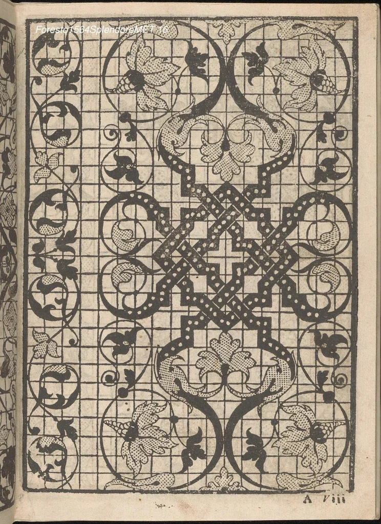 An illustration from Splendore delle virtuose giouani doue si contengono molte,varie mostre fogliami. Cioe punti in aere, et punti tagliati, bellissimi,..., 1564, leaf 15