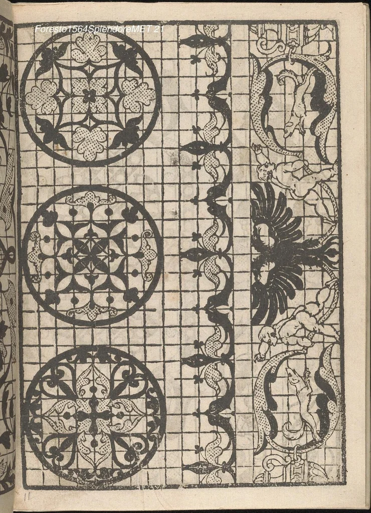 An illustration from Splendore delle virtuose giouani doue si contengono molte,varie mostre fogliami. Cioe punti in aere, et punti tagliati, bellissimi,..., 1564, leaf 20