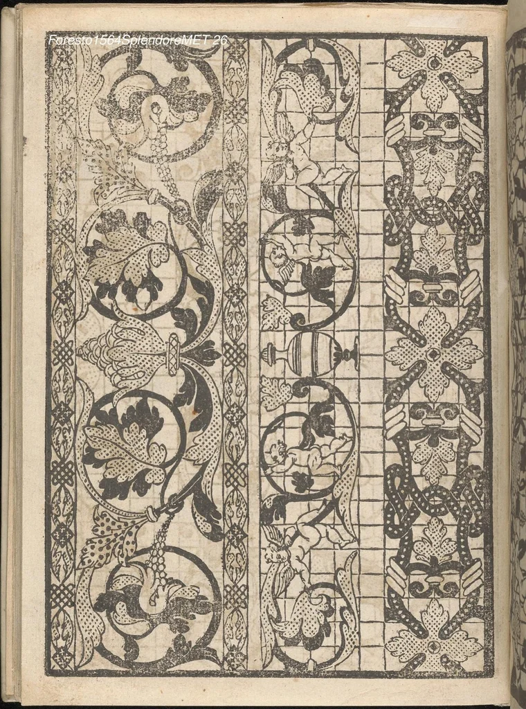 An illustration from Splendore delle virtuose giouani doue si contengono molte,varie mostre fogliami. Cioe punti in aere, et punti tagliati, bellissimi,..., 1564, leaf 25