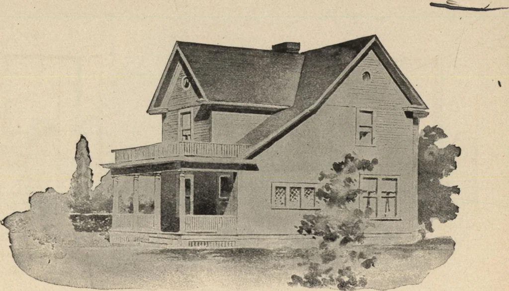 An illustration from Modern house building: perspective views and floor plans of fifty low and medium priced houses, 1905, leaf 33